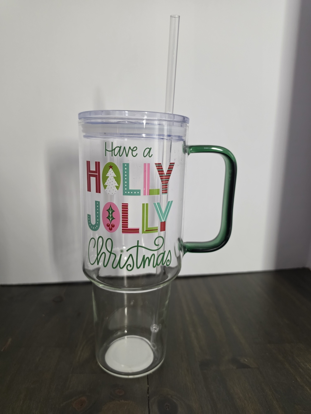 Have a Holly Jolly Christmas Glass Travel Mug - Green Handle
